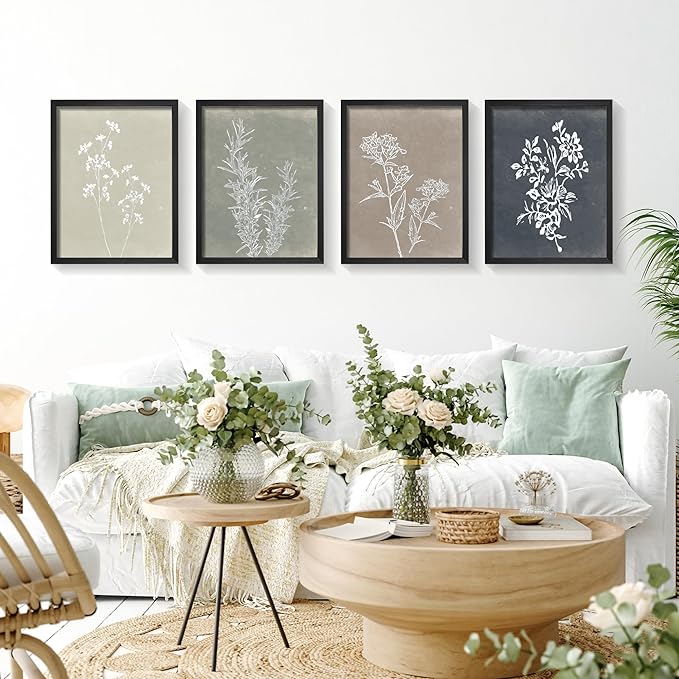 Heiple Framed Wall Art Set of 4 for Boho Home decor Botanical Print Wall Art for Rustic Vintage Farmhouse Wall Decor for Living Room (Black,11”x14”)