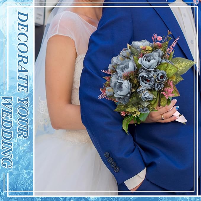 Geosar 8 Bundles Artificial Peonies Flowers Fake Silk Peony Bouquet Faux Peonies Flowers Bulk for Decoration Vase Florals Arrangements Wedding Party Table (Blue)