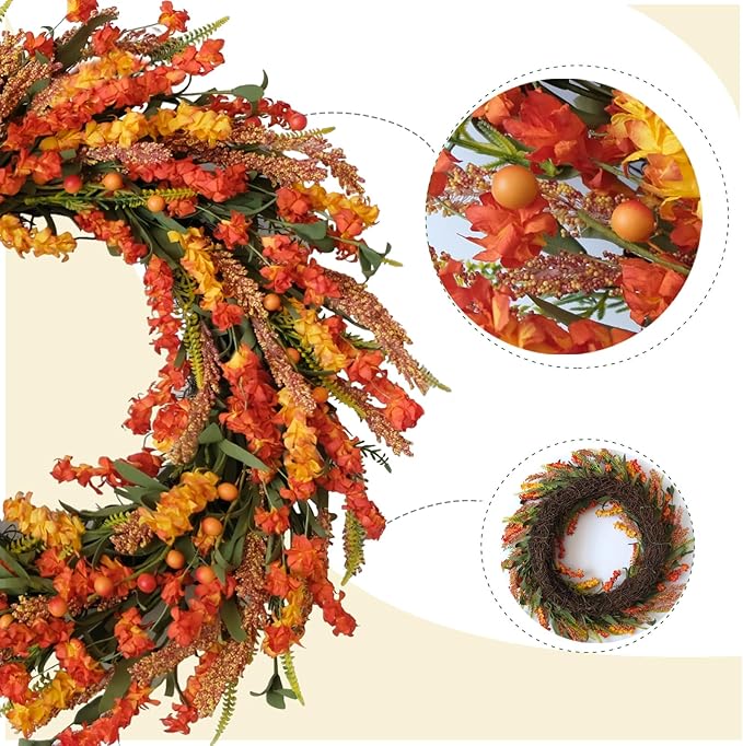 22 Inch Fall Flower Wreath for Front Door, Autumn Yellow Orange Forsythia Flower Indoor Outdoor Wreath with Berries Foam Leaves
