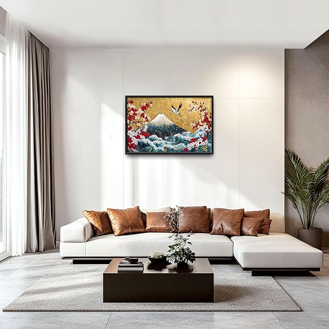 Japanese Large Wall Art for Living Room, Fuji Mountain Oversized Wall Decor Pictures, Ocean Wave Framed Canvas Print Painting, Vintage Artwork for Bedroom Office Home Decor 36"x24"