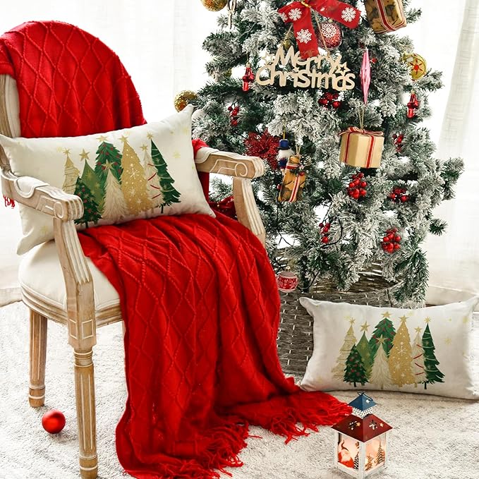 AVOIN colorlife Christmas Trees Star White Throw Pillow Covers Set of 2, 12 x 20 Inch Snowflake Seasonal Winter Holiday Cushion Case Decoration for Sofa Couch
