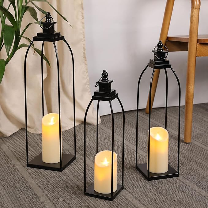 3 Pcs Black Metal Decorative Candle Lantern Set, 16'' 19'' 22'' Modern Lantern with 3 Flameless Candles for Indoor & Outdoor, Decorative Large Lanterns for Porch, Patio, Fireplace & Home Decor