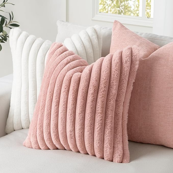 MIULEE Faux Fur Decorative Throw Pillow Covers 20x20 Inch Set of 2, Modern Spring Home Decor Soft Plush Couch Pillows Cozy Fluffy Cushion Covers for Sofa Bed Blush Pink