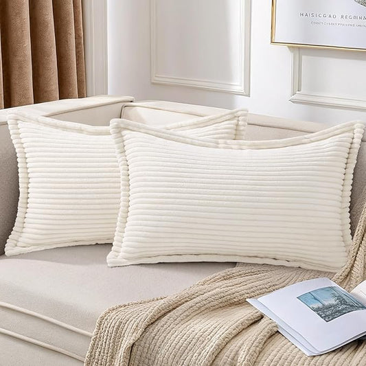 Mecatny Corduroy Throw Pillow Covers 12x20 Set of 2, Neutral Decorative Soft Boho Lumbar Couch Pillow Covers with Broadside for Sofa Living Room, Cream White
