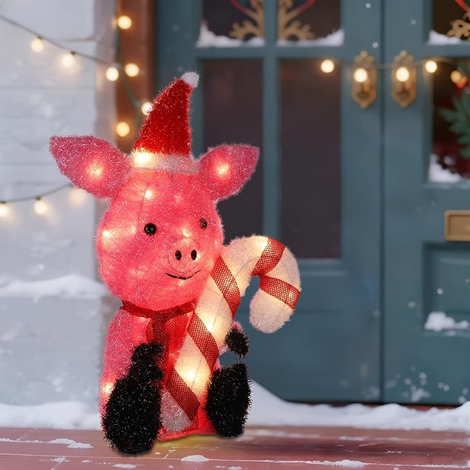 Prsildan Christmas Lighted Decoration 21" Pink Pig, 35 Lights 3D Pig with Christmas Hat & Candy Canes, Cute Decorations for Indoor Outdoor Home Kitchen Yard Garden Holiday Party