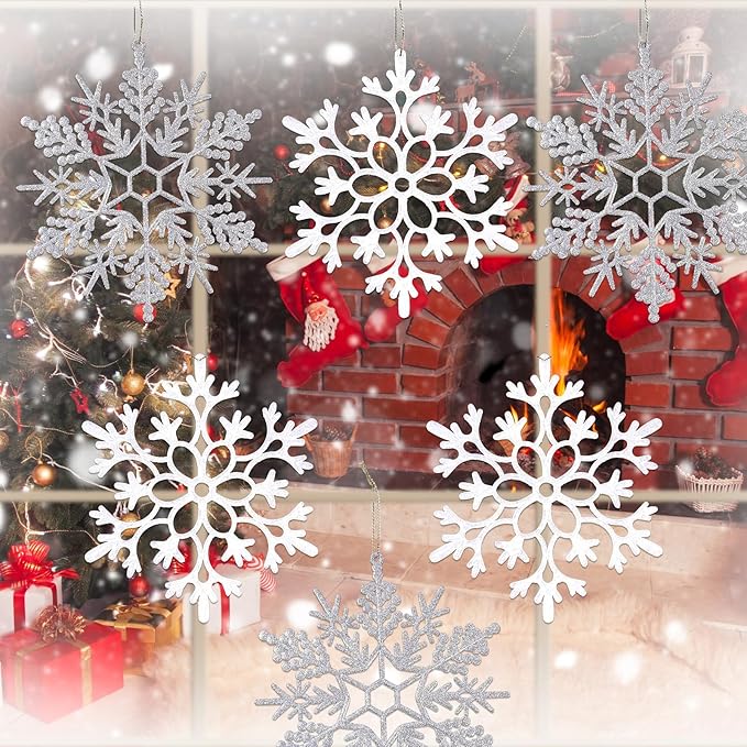 12pcs Large Christmas Snowflakes Decorations, 12" Big Plastic Glitter White Sliver Snowflake Ornaments for Winter Indoor Outdoor Christmas Tree Holiday Window Room Decor Craft Snowflakes
