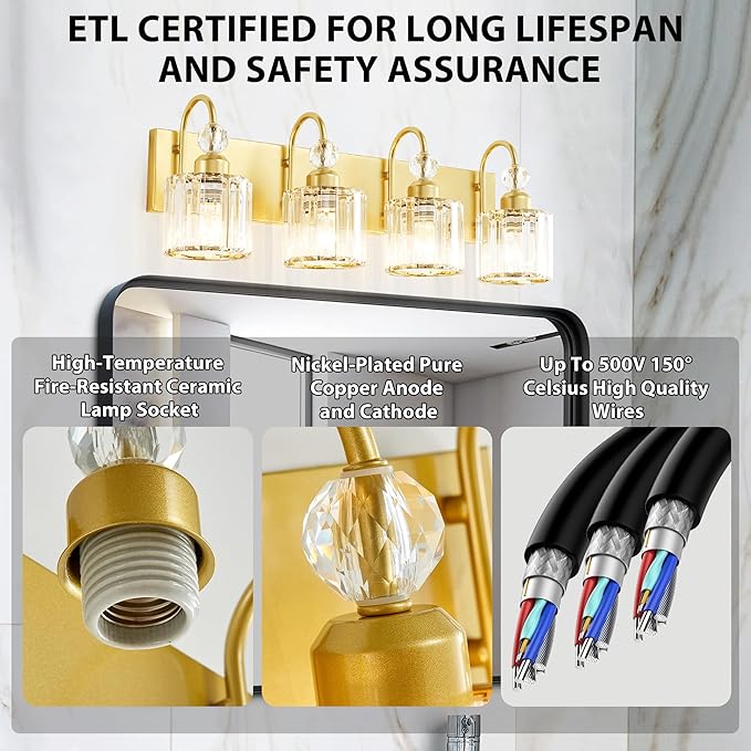 Bathroom Vanity Light Fixtures Over Mirror - Makeup Lighting Pure Gold - for Modern Wall, Bath, Desk, Farmhouse, Hallway - 4 Crystal Lights