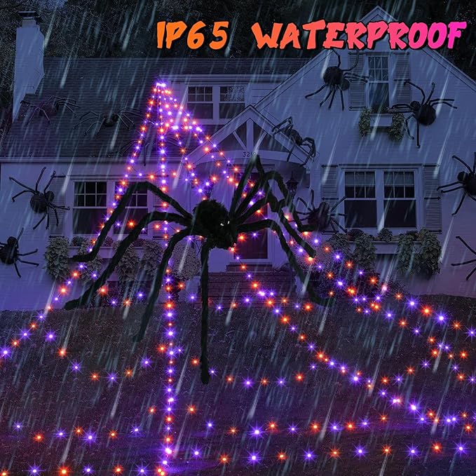 Halloween Spider Web Lights Decoration 455 LED Spider Webs Halloween Decorations Outdoor with 59" Large Spider & 3.53 oz Stretch Cobweb 16.4 Ft Light Up Giant Spider Web (Purple & Orange)