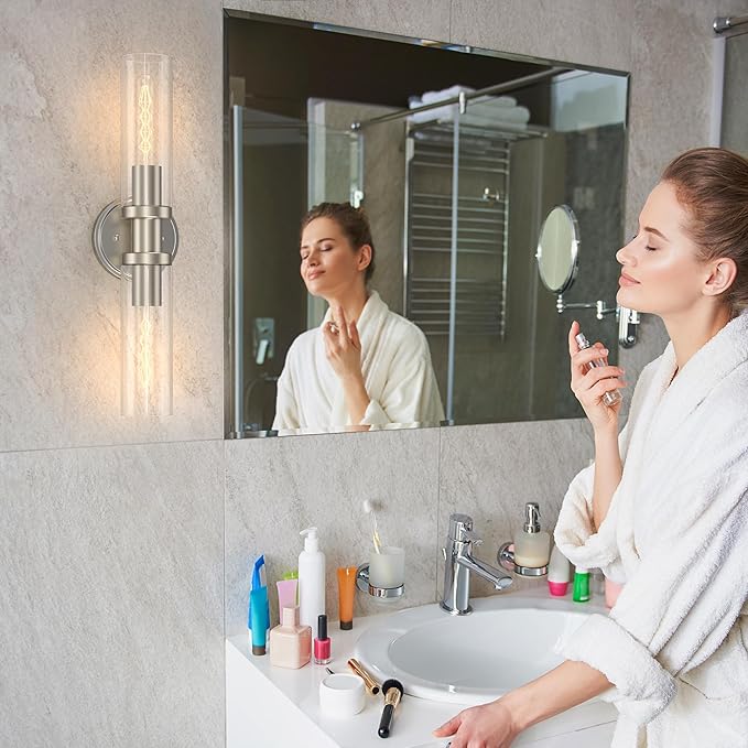 Espird Bathroom Light Fixtures 2-Light Brushed Nickle, Bathroom Vanity Lights Over Mirror, Wall Sconces, Industrial Lighting, Modern Brushed Nickle Vanity Lighting Fixtures w/Glass Shades