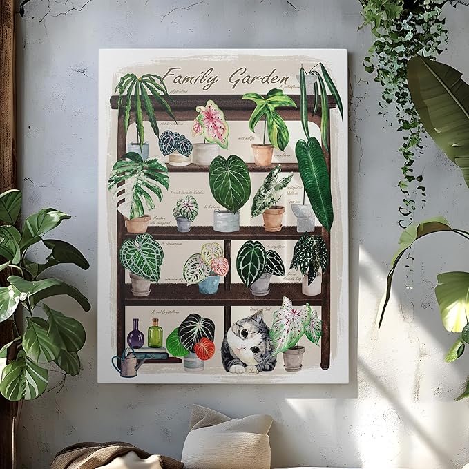 TimAsh Framed Funny Cat Botanical Wall Art Family Garden Modern Green Plant Decor Tropical Boho Style Cute Kitten Canvas Prints for Bedroom Bathroom Living Room 16'' x 12''