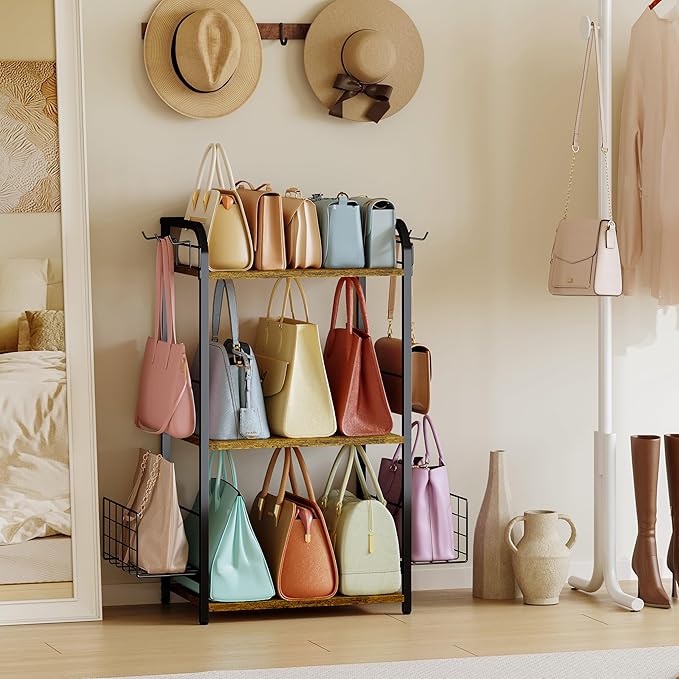 Iron & Wood Floor-Standing 3-Tier Purse Rack with Adjustable Feet, High-Capacity Bag Organizer for Closet, Patent Pending