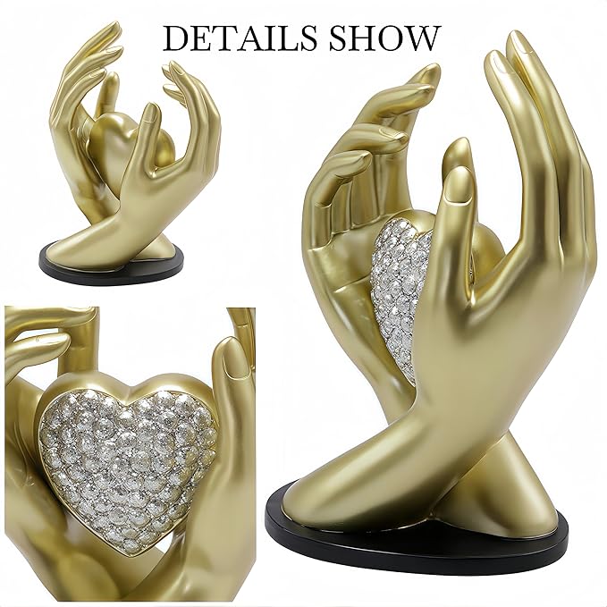 Gold Heart Hands Sculpture Modern Aesthetic Decoration Accents Figurines Home Decor Gold Love Heart Statue Decor for Living Room Bedroom Shelf Office Table Women Girl Wedding Anniversary Couple Gift