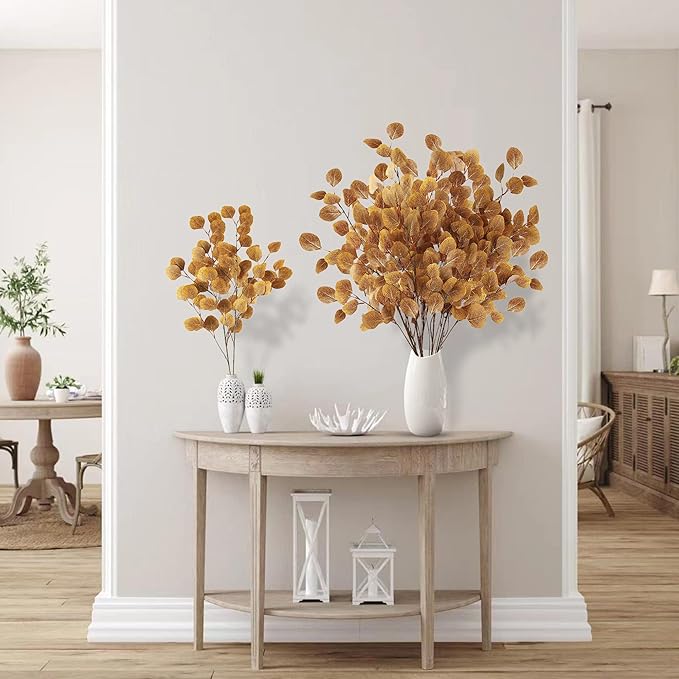 Sggvecsy 6 Pcs Fall Eucalyptus Leaves Artificial Eucalyptus Stems Long Silver Dollar Leaves Autumn Leaf Branches Fake Silk Eucalyptus for Christmas Home Autumn Thanksgiving Decor(Dark Yellow)