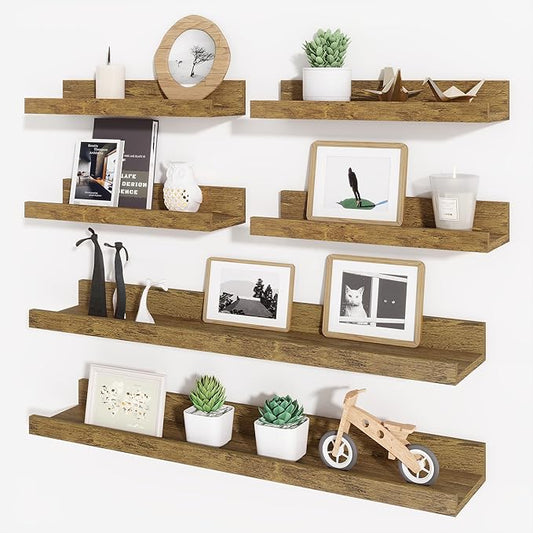 Axeman Picture Ledge Shelf, Floating Shelves for Wall Decor Set of 6, 24 inch Floating Wall Mounted Shelves, Wall Shelves with Lip for Living Room, Bedroom, Nursery, Bathroom, Kitchen, Rustic Brown