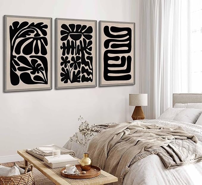 3 Pcs Boho Abstract Floral Canvas Wall Art Mid Century Modern Minimalist Black Neutral Flower Botanical Picture Wall Decor Poster Print Artwork for Living Room Bedroom Home Decoration Unframed