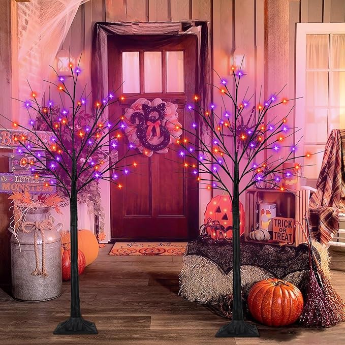 2-Pack 6FT Lighted Black Halloween Tree with 288 LED Orange and Purple Lights (Higher Size and Floor Standing), Halloween Decorations Spooky Tree for Indoor Outdoor, Home Holiday Party