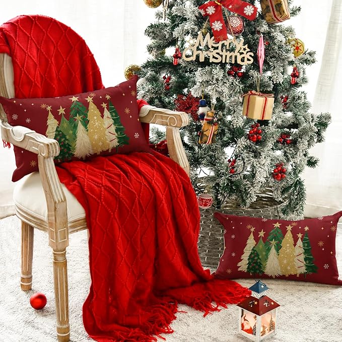 AVOIN colorlife Christmas Trees Star Red Throw Pillow Covers Set of 2, 12 x 20 Inch Snowflake Seasonal Winter Holiday Cushion Case Decoration for Sofa Couch