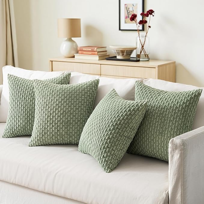 MIULEE Throw Pillow Covers Soft Couch Decorative Set of 4 Boho Striped Cushion Covers Corduroy Pillowcases Farmhouse Home Decor for Couch Bed Sofa Living Room 20x20 Inch Sage Green