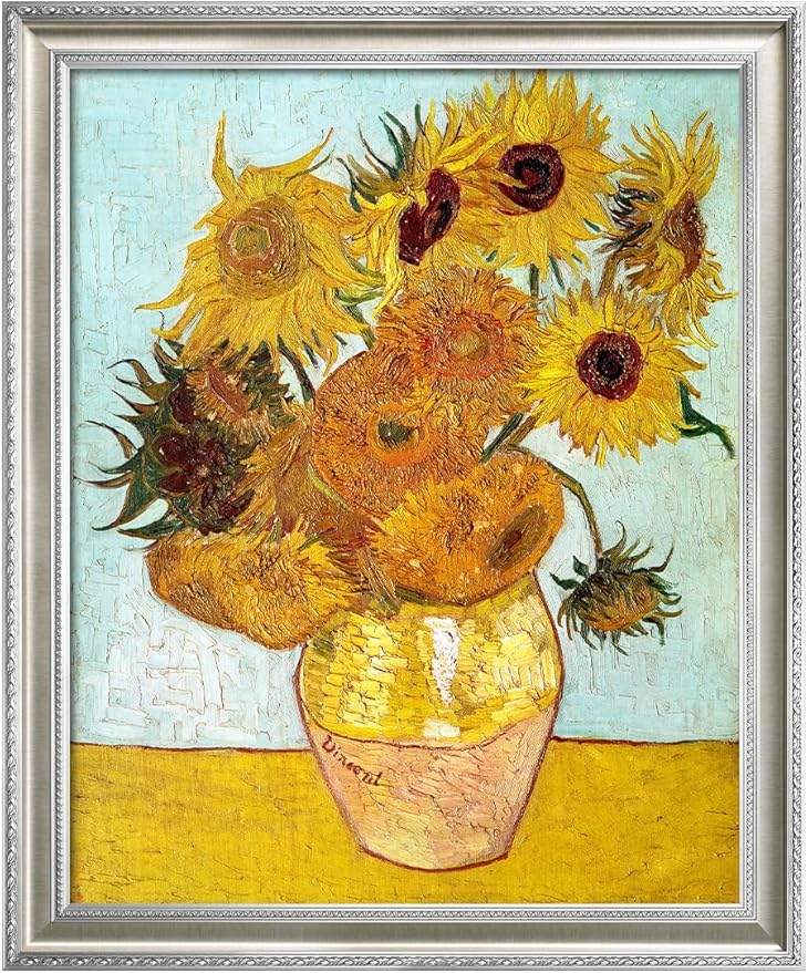 DECORARTS - Twelve Sunflowers by Vincent van Gogh, Museum-Quality Giclee Canvas Print with Silver Solid Wood Frame, 34.75 x 28.75 in, Ready to Hang, Made in USA