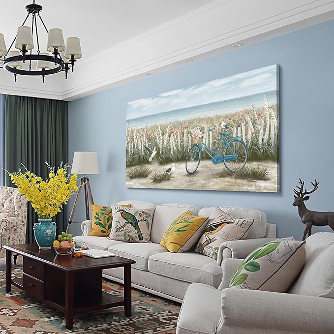 Large Wall Art for Living Room Boho Ocean Beach Canvas Print Coastal Vintage Wildflower Daisy Flowers Landscape Seaside Blue Bicycle Seagull Seascape Artwork for Seashore Farmhouse Bedroom 60x30inch