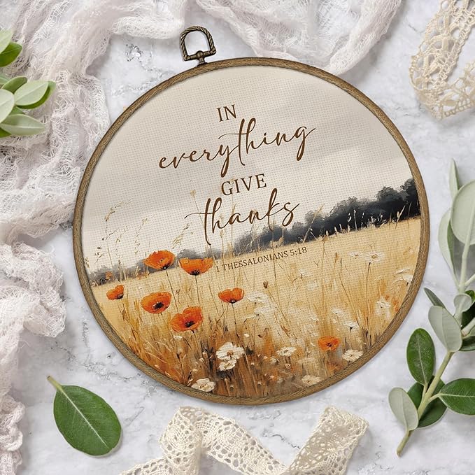 Gnmduw Fall Christian Wall Art Framed, Thanksgiving Fall Landscape Round Hanging Wall Decor, In Everything Give Thanks Canvas Prints Art for Farmhouse Living Room Bathroom Gallery Bedroom, 10x10 Inch