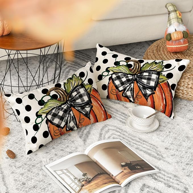 AVOIN colorlife Fall Polka Dot Pumpkin Throw Pillow Covers 12x20 Inch, Seasonal Autumn Thanksgiving Harvest Decoration for Home Sofa Couch Set of 2