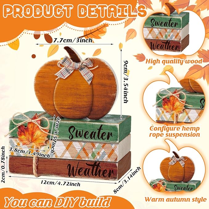 4 Pcs Fall Decorations for Home Fall Tiered Tray Decor Thanksgiving Wood Book Stack with Sign Autumn Stacked Book Decor Bundle for Office Table Shelf Decorative Trays(Pumpkin)