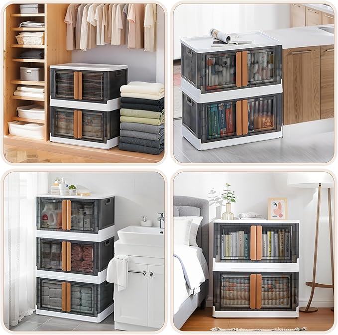 GCCSJ 33.6Qt Stackable Plastic Storage Boxes with Lids, Foldable Closet Organizers and Storage Containers with Wheels, Collapsible Storage Bins for Home Organization, 3 Pack Grey White