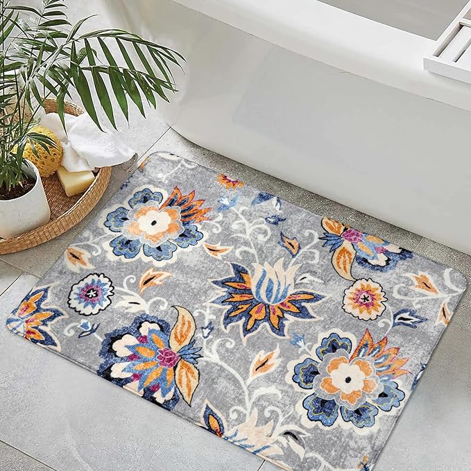 Lahome Floral Indoor Rugs for Entryway - 2x3 Washable Non-Slip Soft Bathroom Rug, Throw Small Area Rug for Bedroom Non-Shedding Grey Paisley Print Doormat Capet for Kitchen Sink Laundry Room Bedside