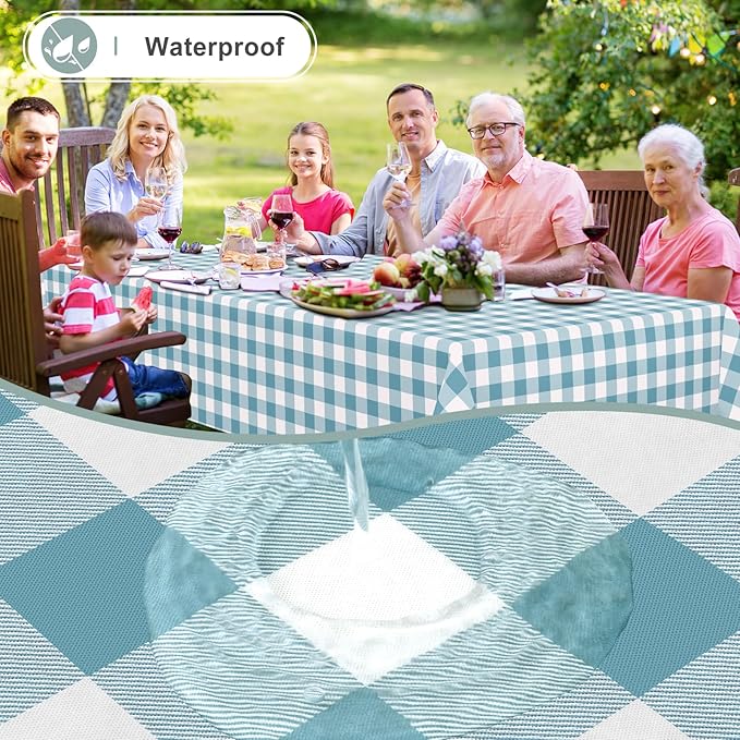 misaya Rectangle Waterproof Vinyl Table Cloth, Buffalo Flannel Backed Tablecloth, Wipeable Plastic Table Cover for Dinner, Kitchen, Outdoor (60" x 102", Aquamarine and White)