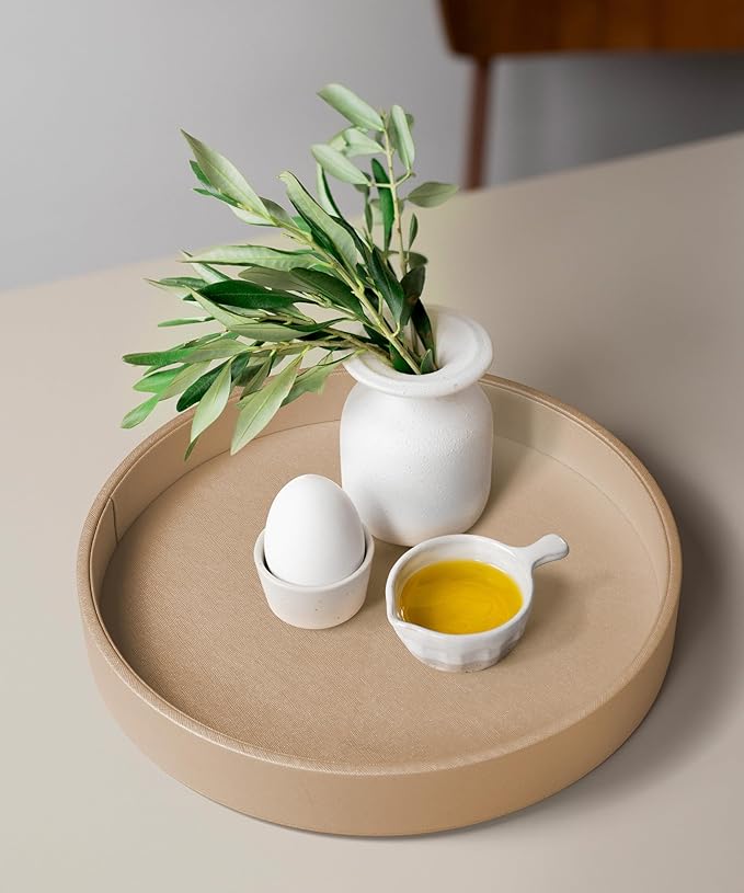 12.6 Inch Round Serving Tray, Home Decorative LeatherOttoman Wooden Decor Platter Bathroom Vanity Tray for All Occasions Anti Slip Khaki