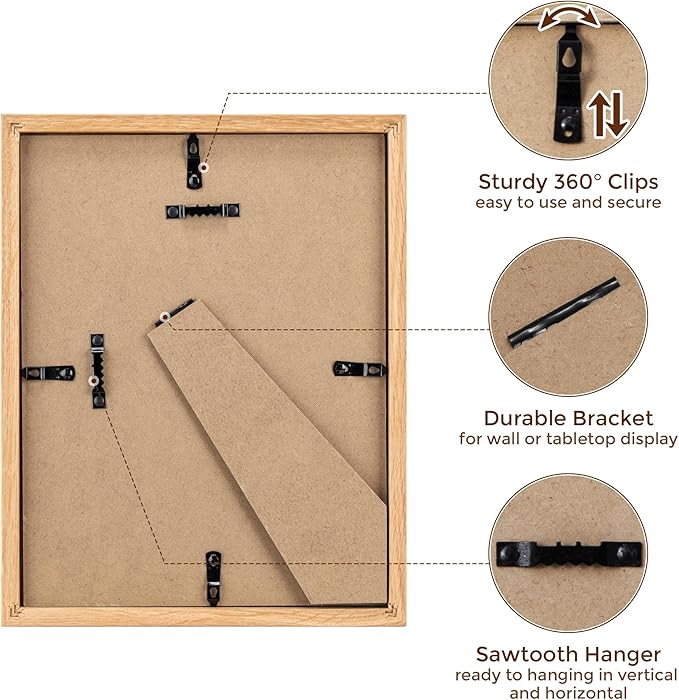 8.5x11 Picture Frame Set of 3, Solid Oak Wood & Tempered Glass, 8.5 x 11 Frame for Wall, Rustic Wood 8.5 by 11 Frames, 8.5x11 Frame with Mat for 6x8, Natural Oak Color