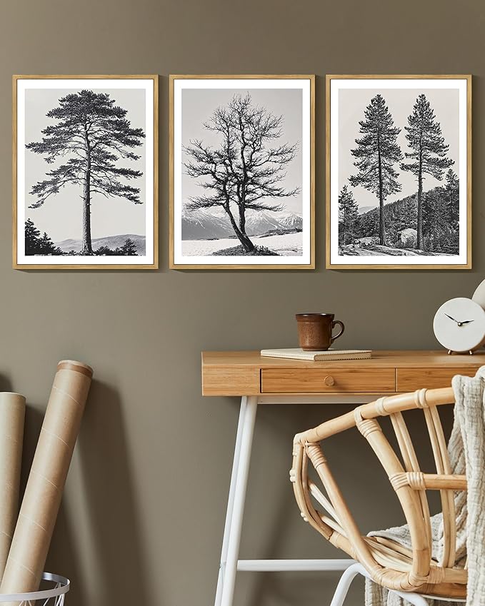 KUVIOKE Vintage Black Gray Forest Wall Art Framed Antique Retro Tree Prints Modern Rustic Artwork Bedroom Living Room Ready to Hang 12x16in (Natural Framed)