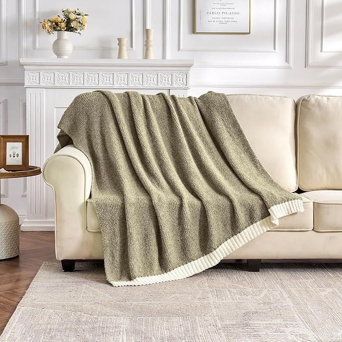 CozeCube Melange Blanket, Ultra Soft Olive Green and White Throw Blanket, Warm Cozy Knit Fuzzy Plush Reversible Throw for Couch Bed Sofa, 50"x60"