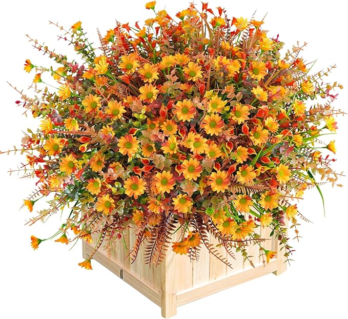 64 Pcs Artificial Fall Flowers - UV Resistant Fake Mums Outdoor Faux Plants for Home Garden Patio Porch Window Box Thanksgiving Decor