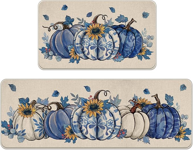 Fall Blue and White Porcelain Pumpkin Kitchen Rugs Set of 2, Autumn Sunflower Kitchen Mats Decor, Thanksgiving Seasonal Floor Door Mat Home Decorations - 17x29 and 17x47 Inch