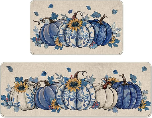Fall Blue and White Porcelain Pumpkin Kitchen Rugs Set of 2, Autumn Sunflower Kitchen Mats Decor, Thanksgiving Seasonal Floor Door Mat Home Decorations - 17x29 and 17x47 Inch