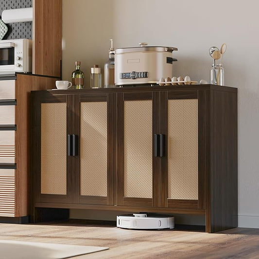 Rattan Buffet Cabinet with Storage, Sideboard Cabinet with Doors and Adjustable Shelves, Farmhouse Coffee Bar Station Table, Modern Wood Cupboard for Kitchen, Livingroom, Walnut