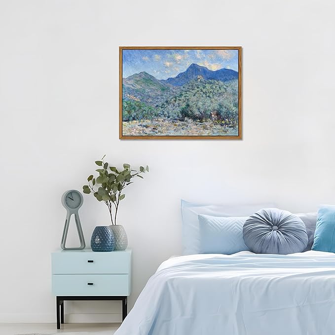 Vintage Framed Monet Wall Art – Impressionist Blue Green Forest Oil Painting Canvas Prints – Tranquil Nature Hillside Landscape Aesthetic Wall Decor for Living Room Bedroom Bathroom – 12"x16"