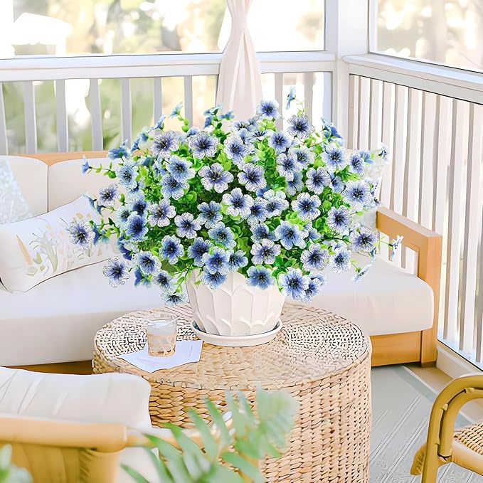 Agusbagli 10 Bundles Artificial Flowers Outdoor UV Resistant Fake Flowers No Fade Faux Plastic Greenery Shrub Plants for Wedding Home Garden Window Box Fireplace Thanksgiving Christmas Decor, Blue