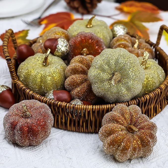 Glitter Mini Pumpkin Decor Indoor 22PCS Halloween Pumpkins for Fall Decorations for Home Fall Centerpieces for Tables Outdoor Harvest Thanksgiving Party/Acorns Autumn Fillers Decor