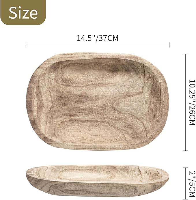 Wooden Dough Bowl Decor, Key Decorative Centerpiece Bowl, Hand Carved Baguette Bowl, Home Decor for Dining Table Center, Living Room, Kitchen (L14.6*W10.2*H0.8 inches) Squircle-Natural