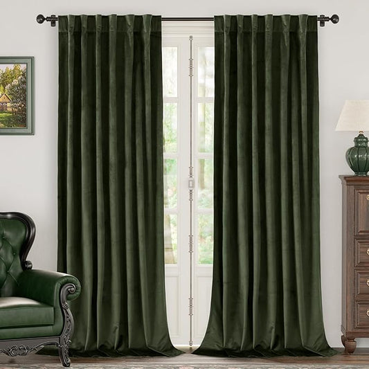 BGment Olive Green Velvet Curtains 90 Inches for Living Room, Thermal Insulated Blackout Curtains Room Darkening Drapes with Back Tab and Rod Pocket for French Door, Set of 2 Panels, 52 x 90 Inch