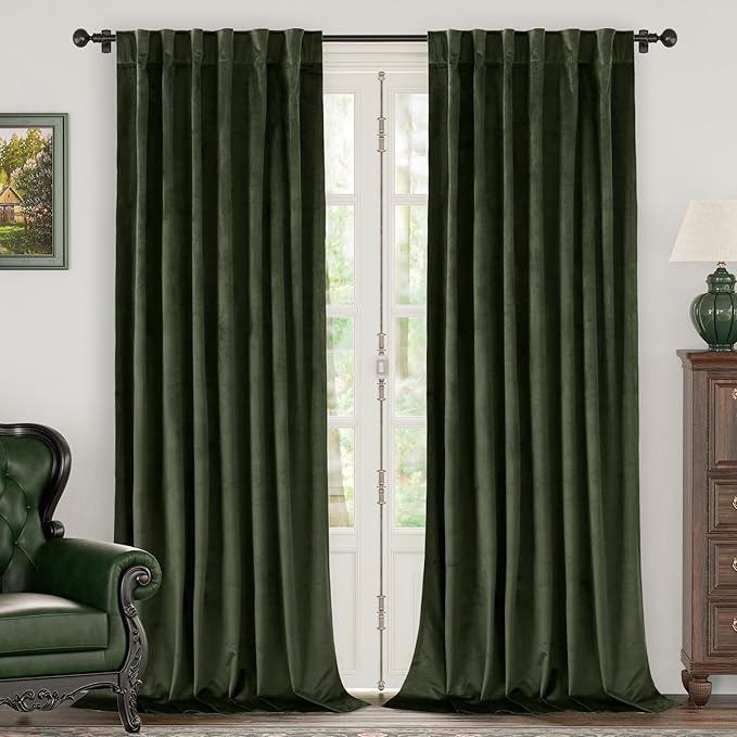BGment Olive Green Velvet Curtains 108 Inches for Living Room, Thermal Insulated Blackout Curtains Room Darkening Drapes with Back Tab and Rod Pocket for French Door, Set of 2 Panels, 52 x 108 Inch