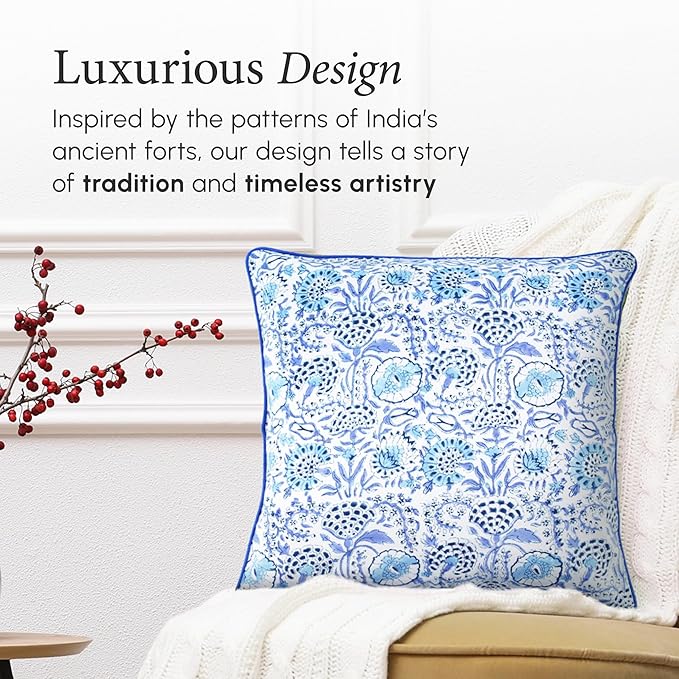 CPC 100% Cotton Throw Pillow Covers 24x24 Inch, Set of 2 Blue Block Print Pattern Couch Pillow, Cute Boho Decorative Pillows for Living Room, Bedroom with Hidden Zipper- Indigo Blue