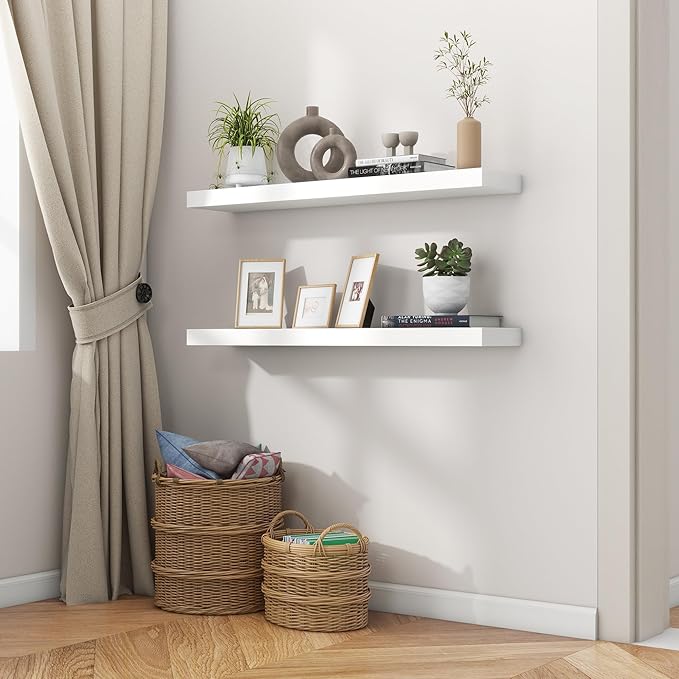 fuqing 36 Inch White Floating Shelves for Wall, Solid Wood White Floating Shelves Set of 2, Lightweight Wood Wall Mounted Shelves for Bathroom Bedroom Living Room Kitchen