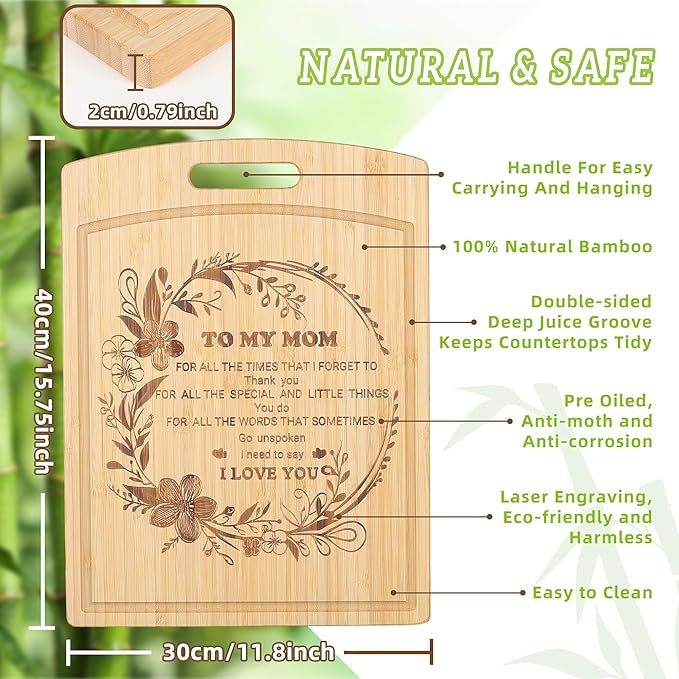 Joeyan Mom Birthday Gift from Daughter Son, Personalized Christmas Engraved Cutting Board Kitchen Present for Mother, Large Size, Heavy Duty, 16x12x0.8"