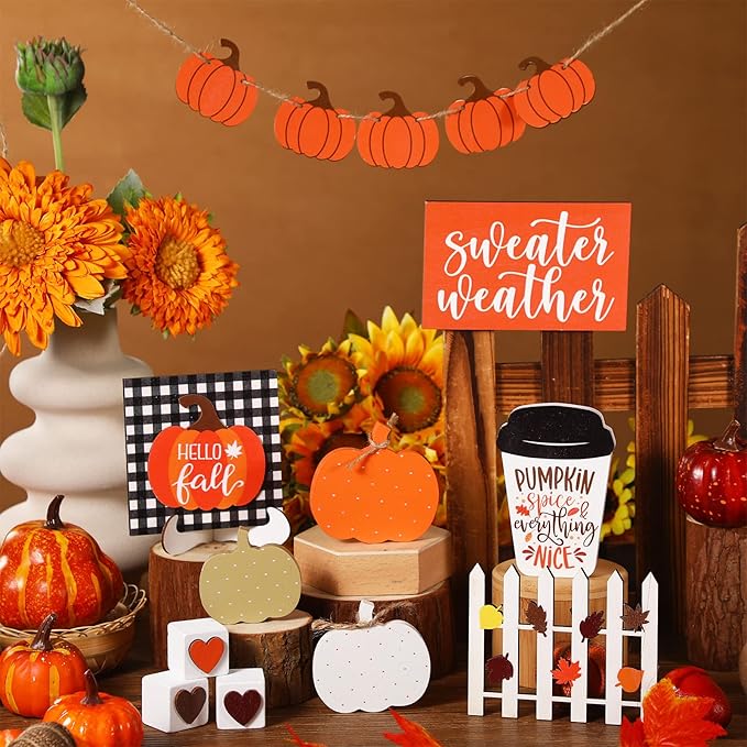 Sumind 15 Pcs Fall Tiered Tray Decor Set Fall Decorations for Home Autumn Wood Signs Thanksgiving Orange Brown Table Signs Farmhouse Wooden Maple Pumpkin Gnomes Tabletop for Festival(Pumpkin)