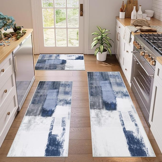 Pauwer Kitchen Mats for Floor 3 Piece Set Boho Non Slip Kitchen Rugs Washable Farmhouse Kitchen Floor Mats Thick Long Kitchen Throw Area Rug Carpet Runner for Hallway Entryway Laundry Bathroom, Blue