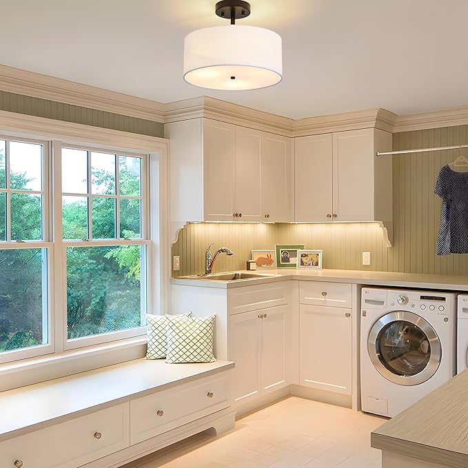 3-Light Semi Flush Mount Ceiling Light Modern Black Drum Light Fixtures with White Fabric Cover Shade Round Chandelier for Bedroom Living Room Kitchen and Hallway